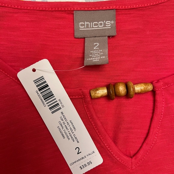 NWT Chico’s Adorable Pink Beaded Keyhole Elbow Sleeve Tee, Chico’s Sz 2 = L/12 - Picture 4 of 6